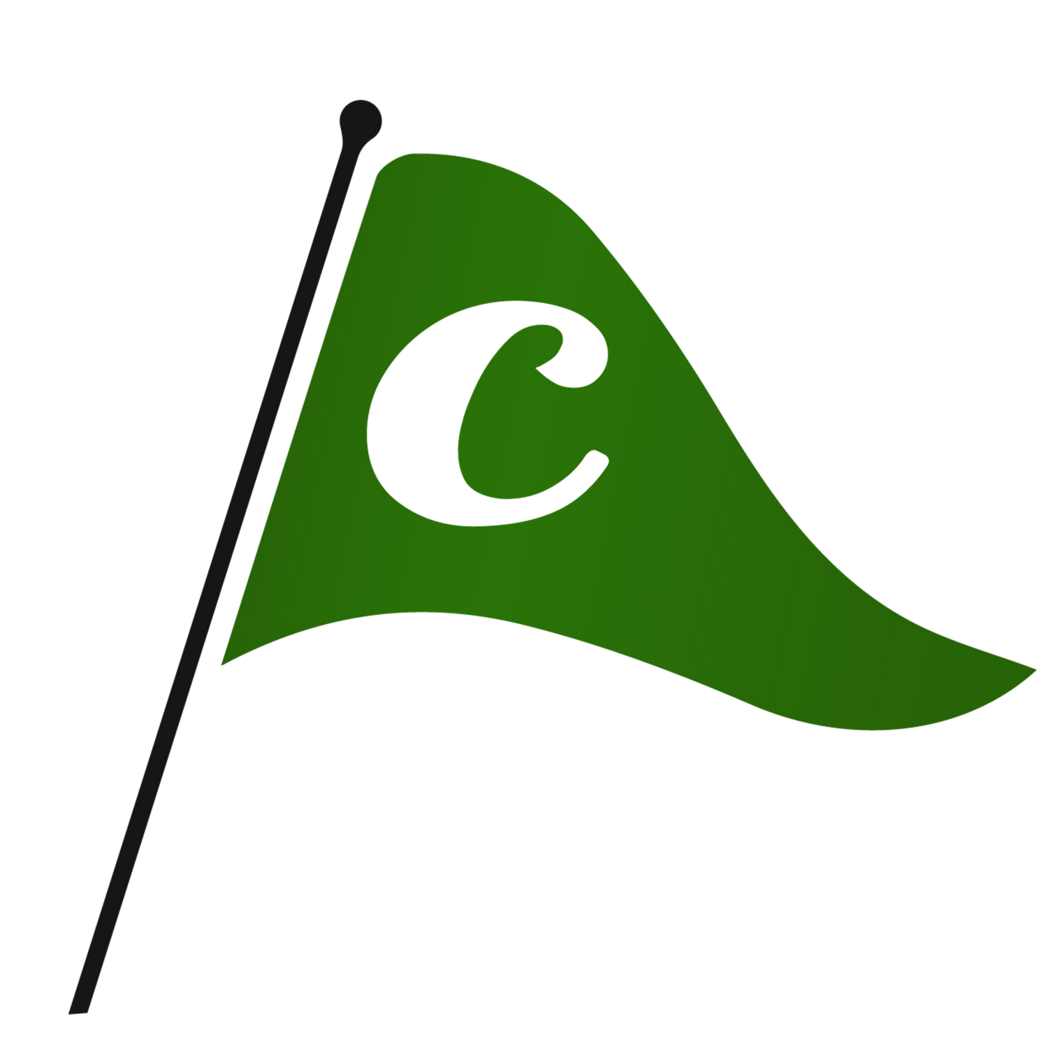 A row of green flags waving in the wind with white letter C symbol in the middle.