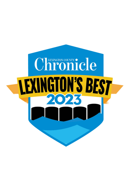 Blue and yellow award badge logo for Lexington's Best 2023 by Lexington County Chronicle newspaper.