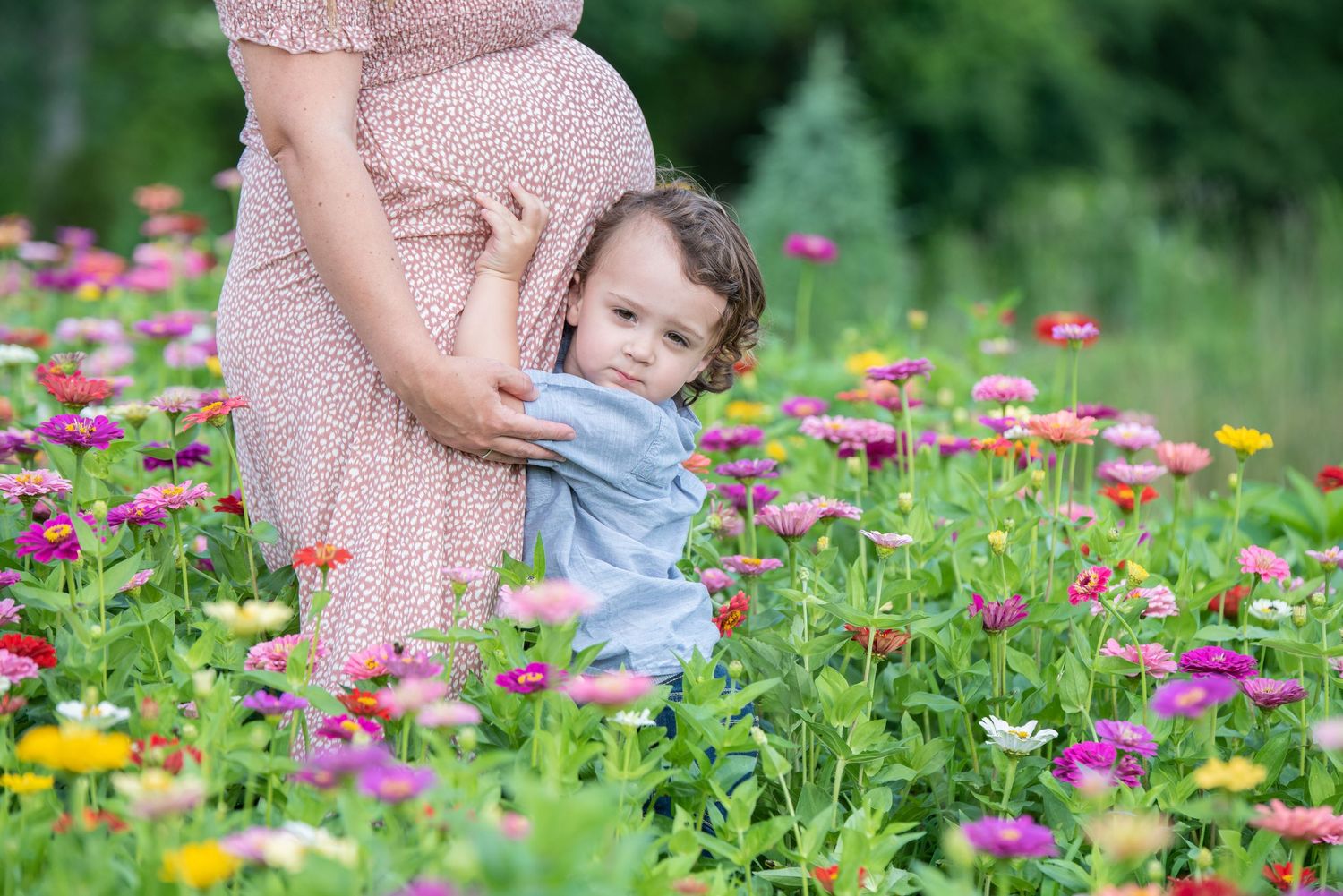 Pregnant woman in pink dress with child among colorful wildflowers at Cedar Ridge Farm in Gilbert, SC.