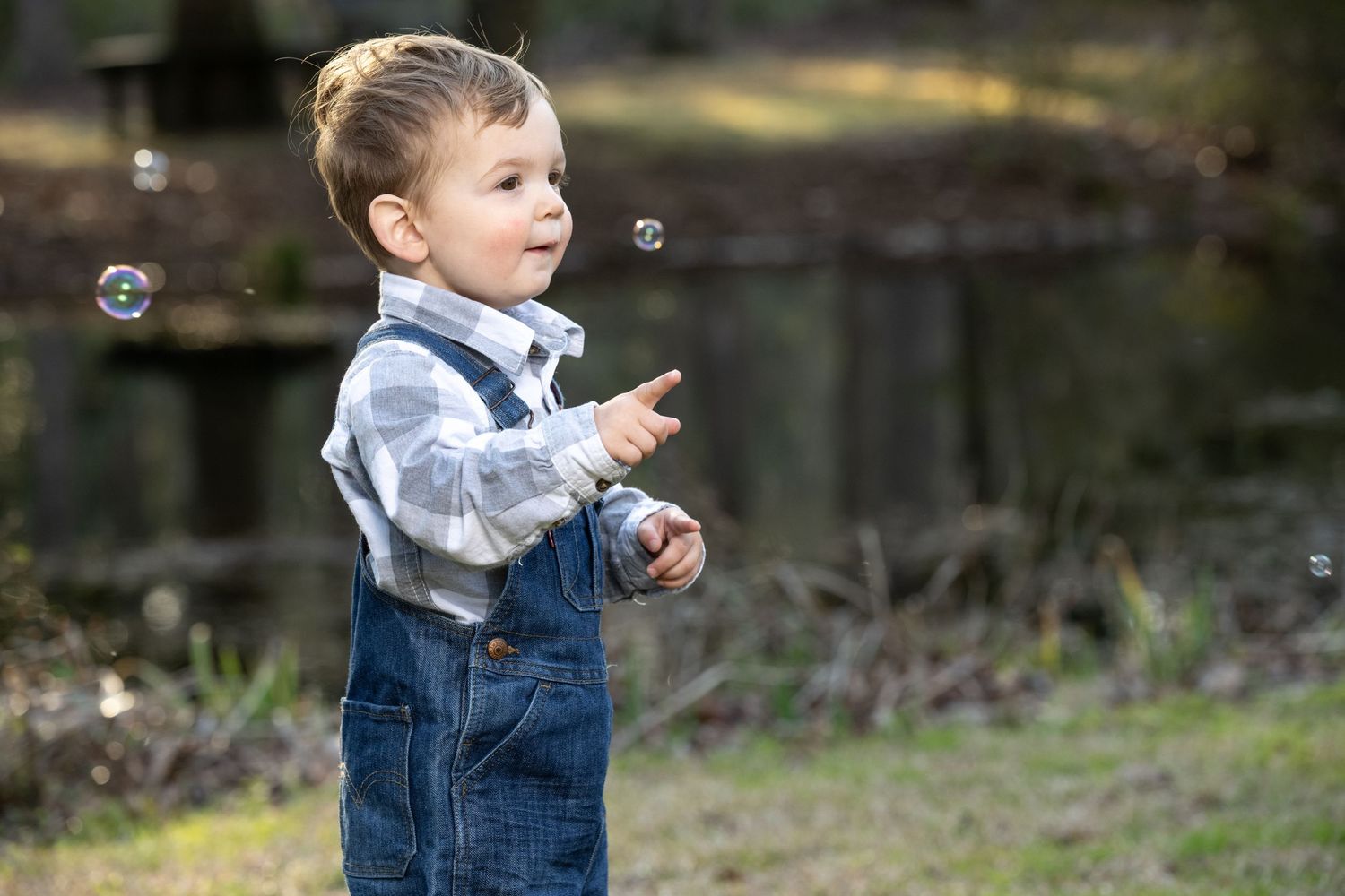 Young child in denim overalls and light shirt watches soap bubbles float by in an outdoor setting.