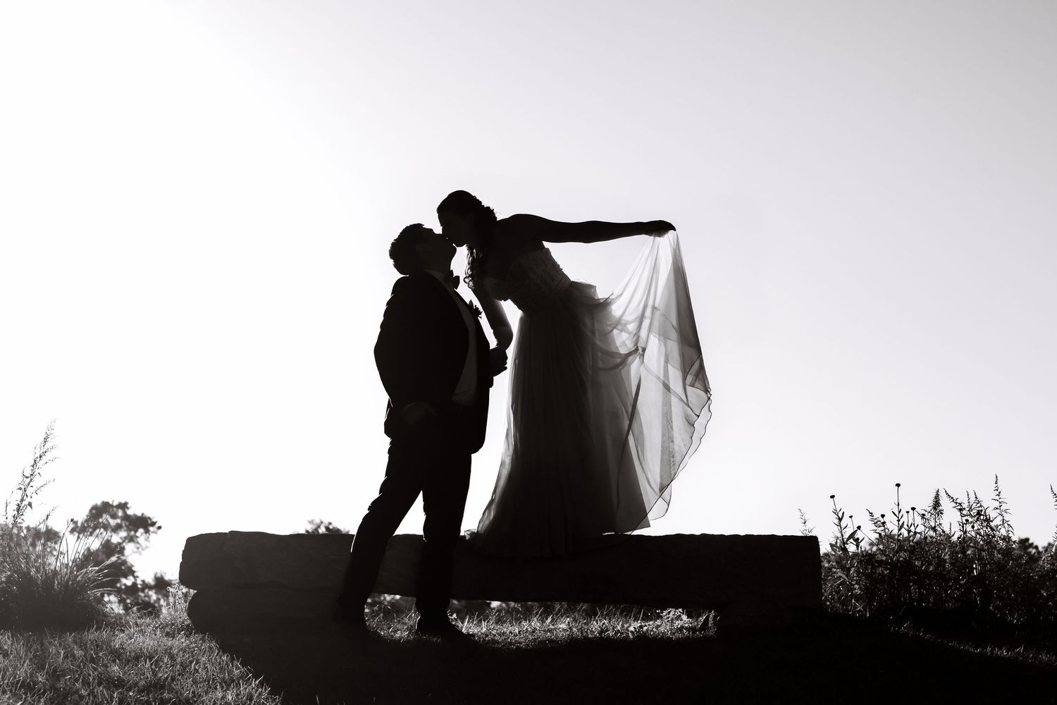 Dramatic black and white silhouettes of wedding couple against bright background.