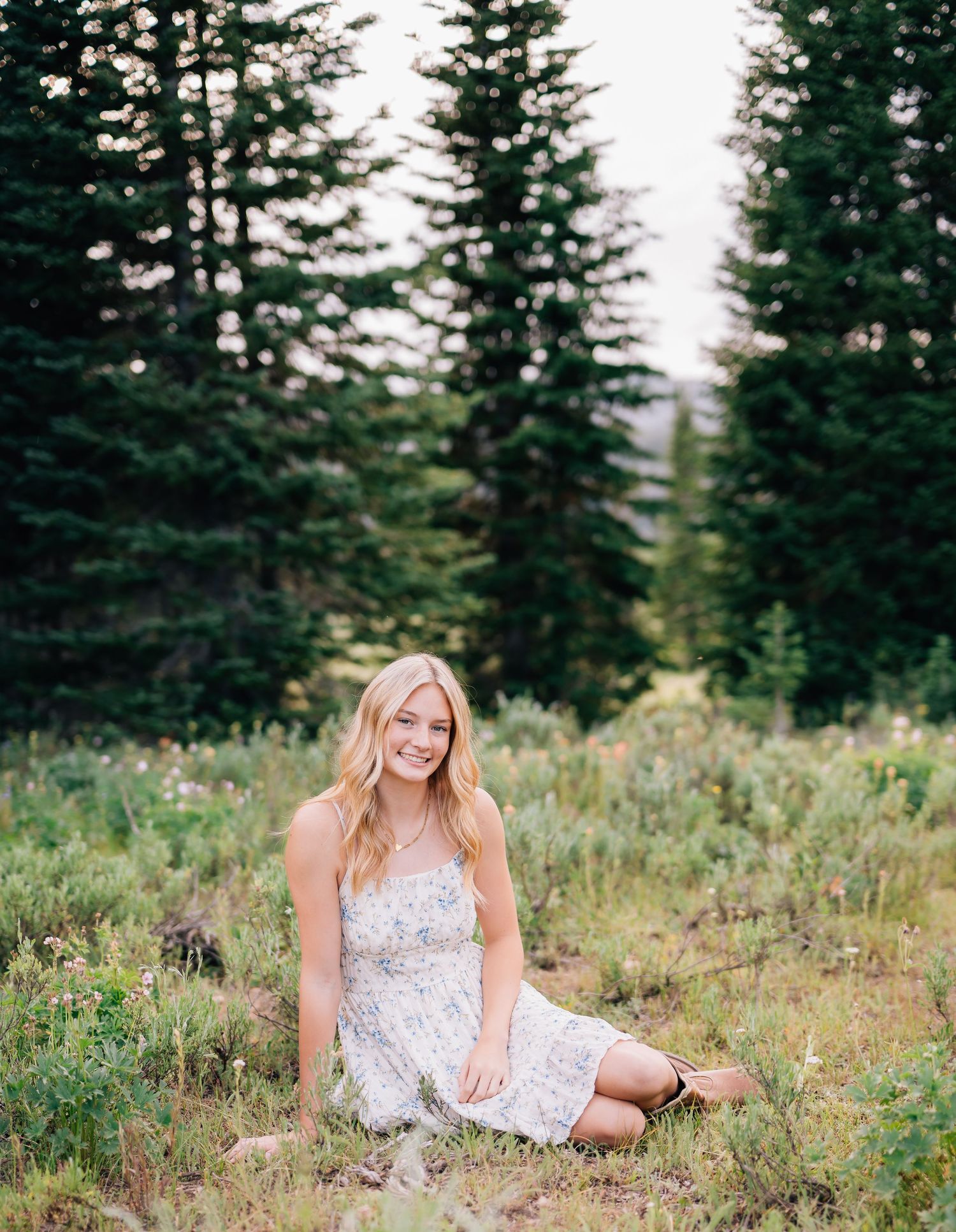 Young woman in white floral dress sitting in a wildflower meadow with tall evergreen trees in the background.