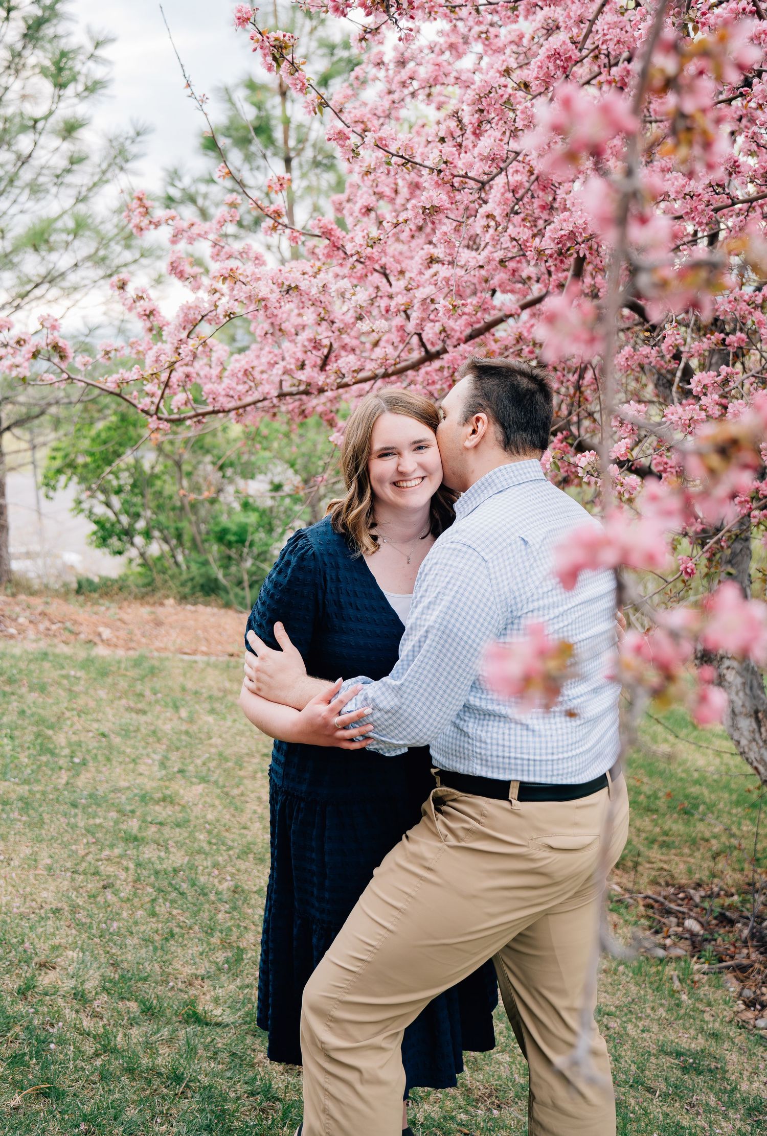 Couple embracing under pink cherry blossom tree, woman in navy dress smiling as man kisses her cheek in spring garden.