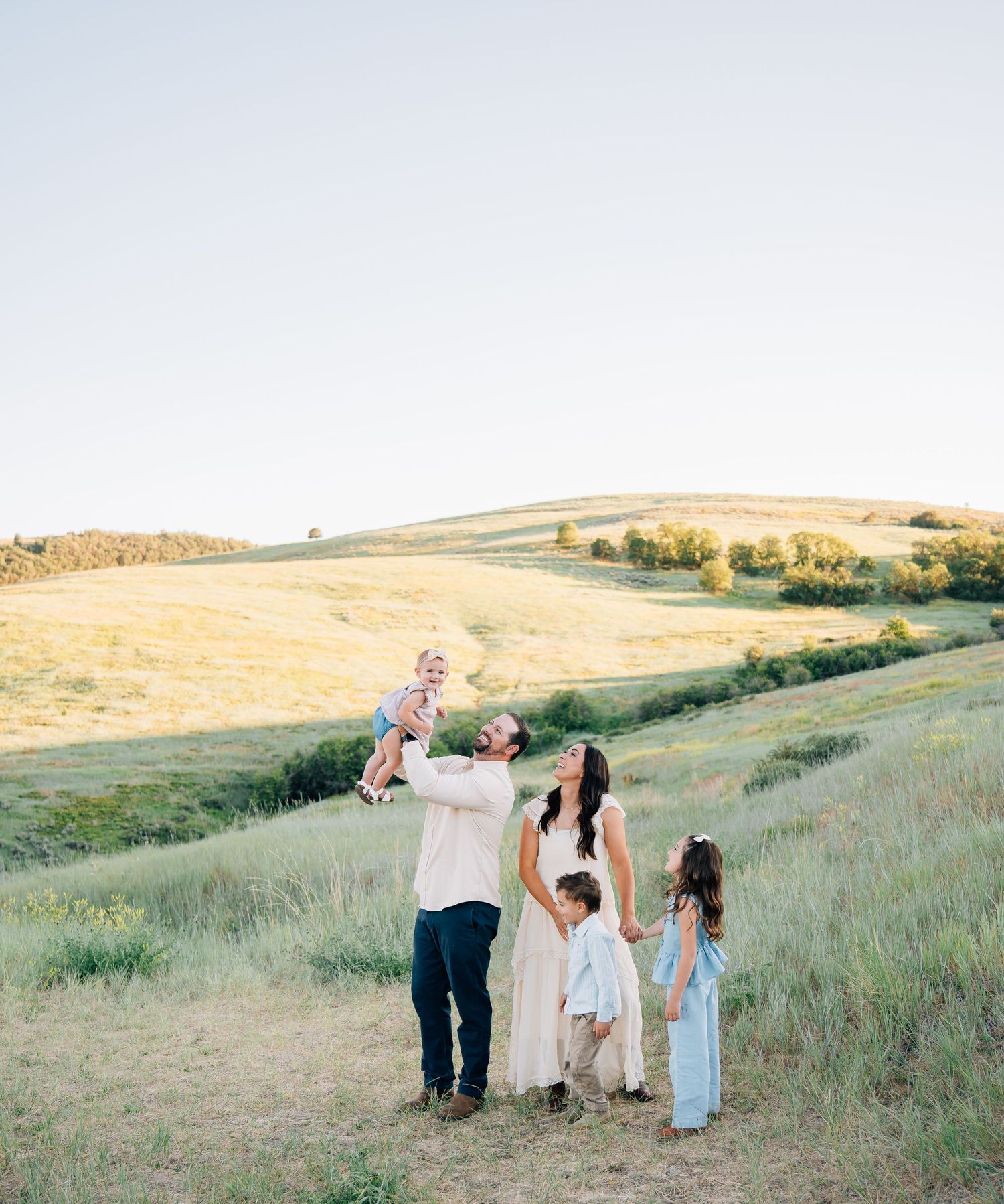 Family of five enjoying a sunny day in a green meadow with rolling hills, father lifting baby while children hold hands.