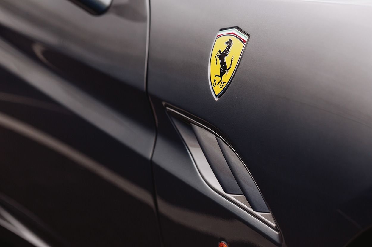 FERRARI SIDE BADGE GREY MODEL BOSTON AUTOMOTIVE PHOTOGRAPHY