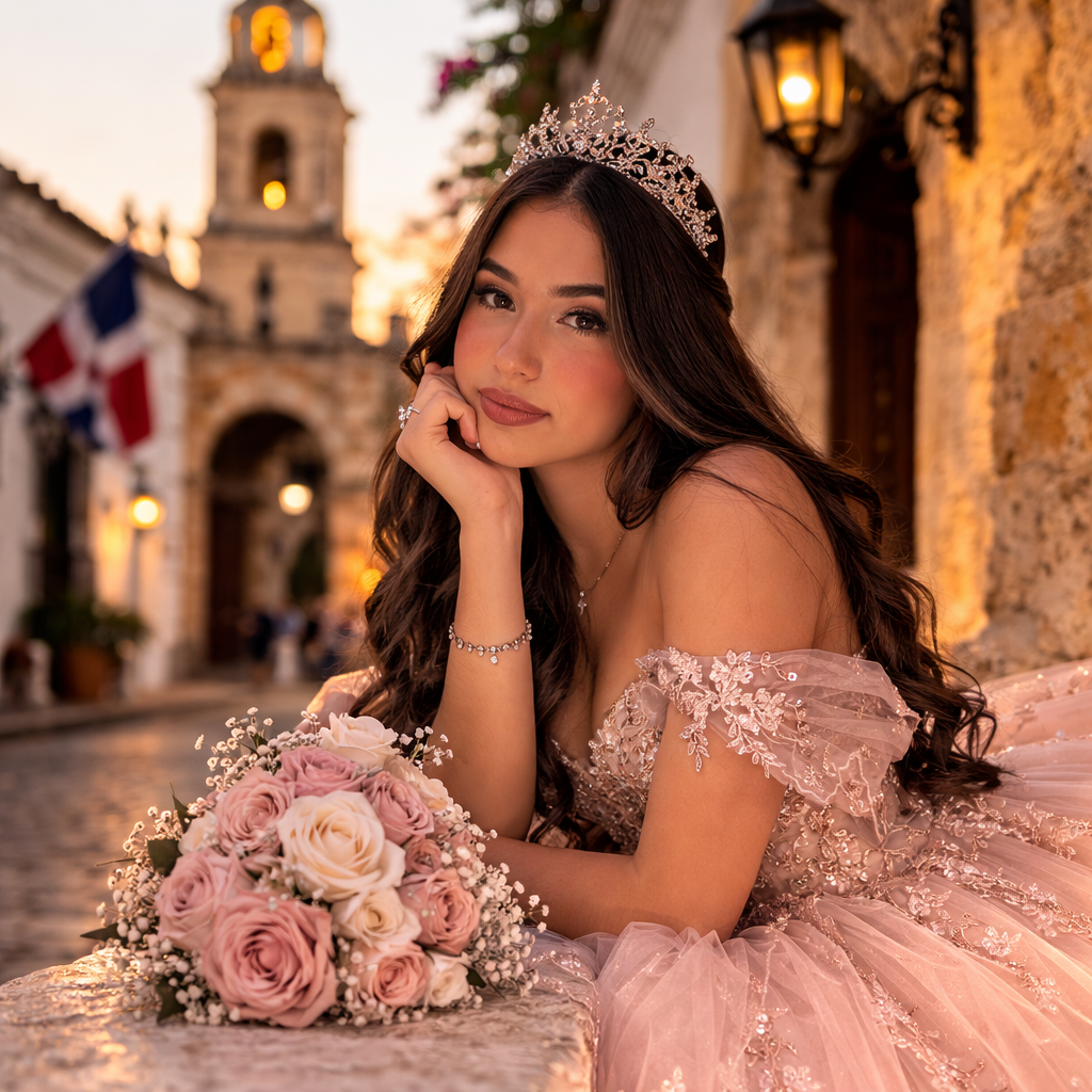 Una quinceañera posa sola con la mano en el rostro en la Zona Colonial de Santo Domingo, luciendo un elegante vestido, quince años.