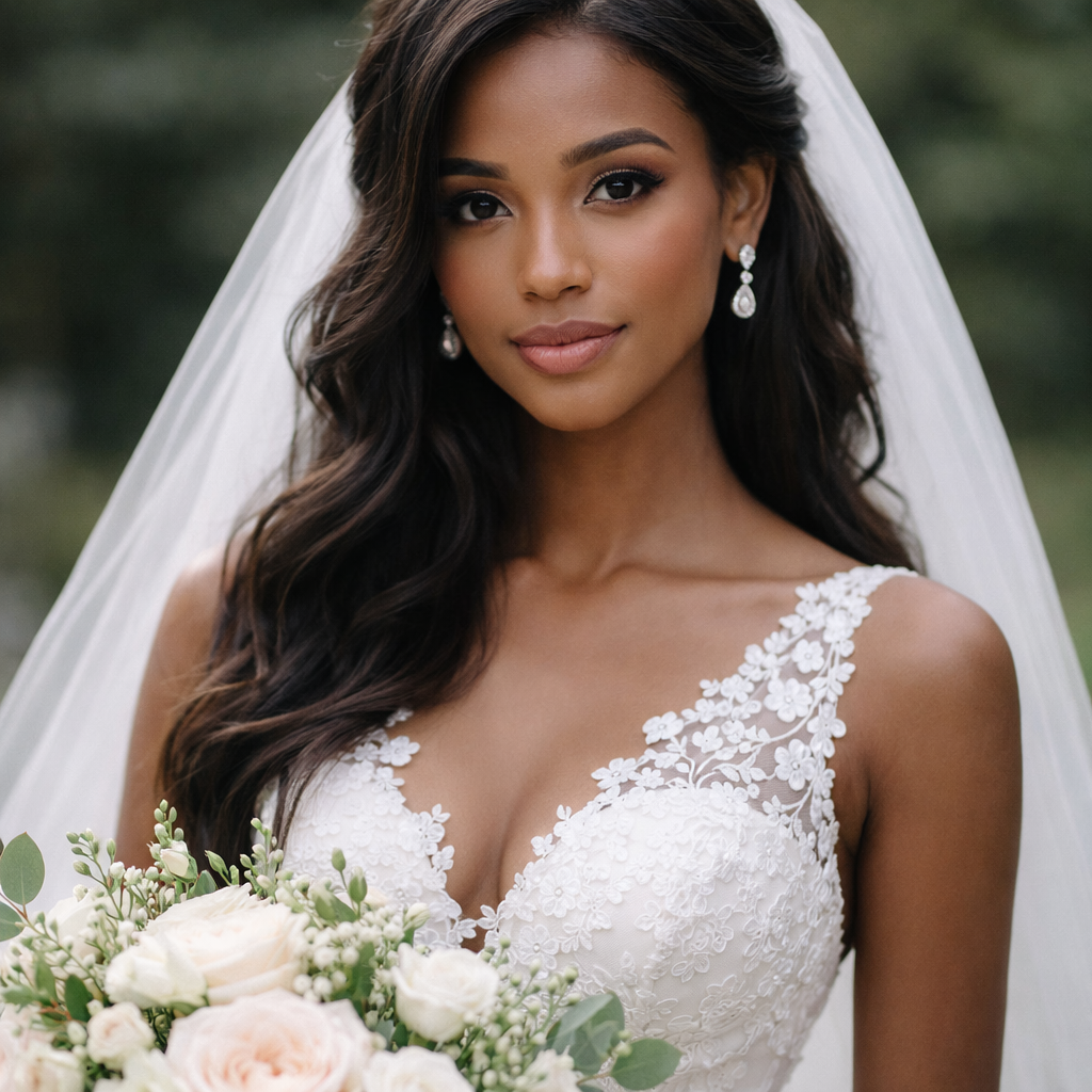Novia con vestido de encaje blanco sosteniendo un elegante ramo de rosas en tonos blush y blanco para retratos nupciales.