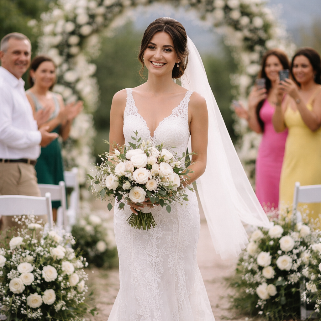 Hermosa novia con vestido de encaje de escote en V sostiene un ramo de flores blancas en una ceremonia al aire libre en jardín, con un arco