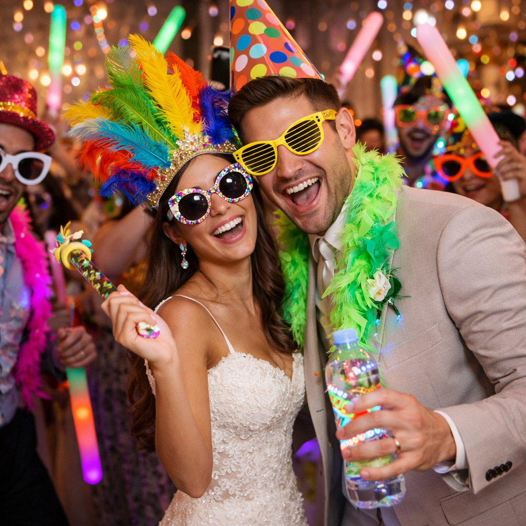 Celebración de boda en la pista de baile con luces de fiesta coloridas, gafas de sol y boas de plumas vibrantes, creando una atmósfera festi