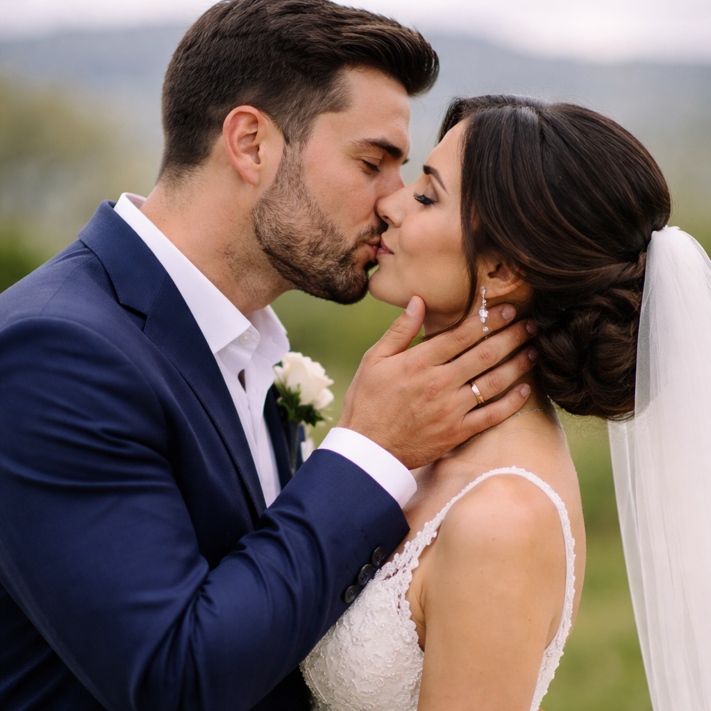 Una pareja de novios romántica comparte un beso tierno al aire libre, con el novio en traje azul marino y la novia en su boda