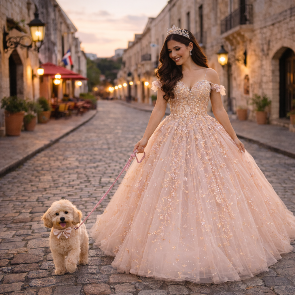 Una quinceañera camina con su perro por la Zona Colonial de Santo Domingo, luciendo un vestido de gala color rosa blush, quince años.