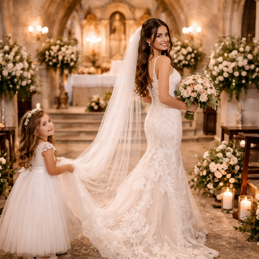 Una escena romántica de boda con arreglos florales blancos, velas y un velo tipo catedral fluido en un elegante salón de baile.