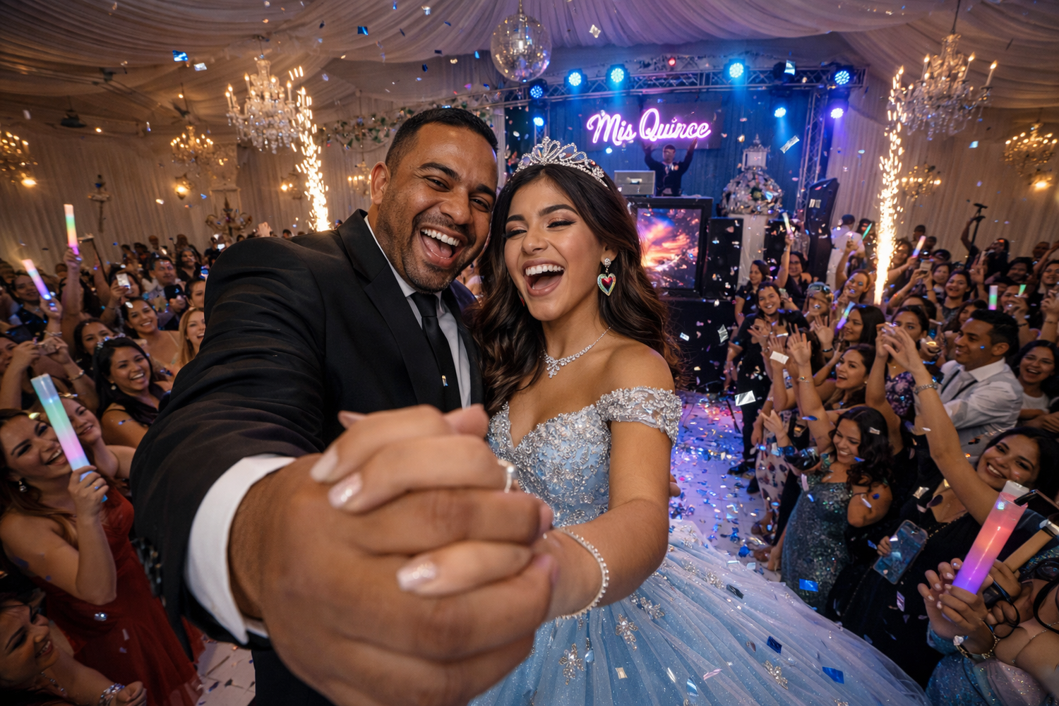 Una quinceañera baila con su padre durante su fiesta de quince años en un elegante salón de baile.