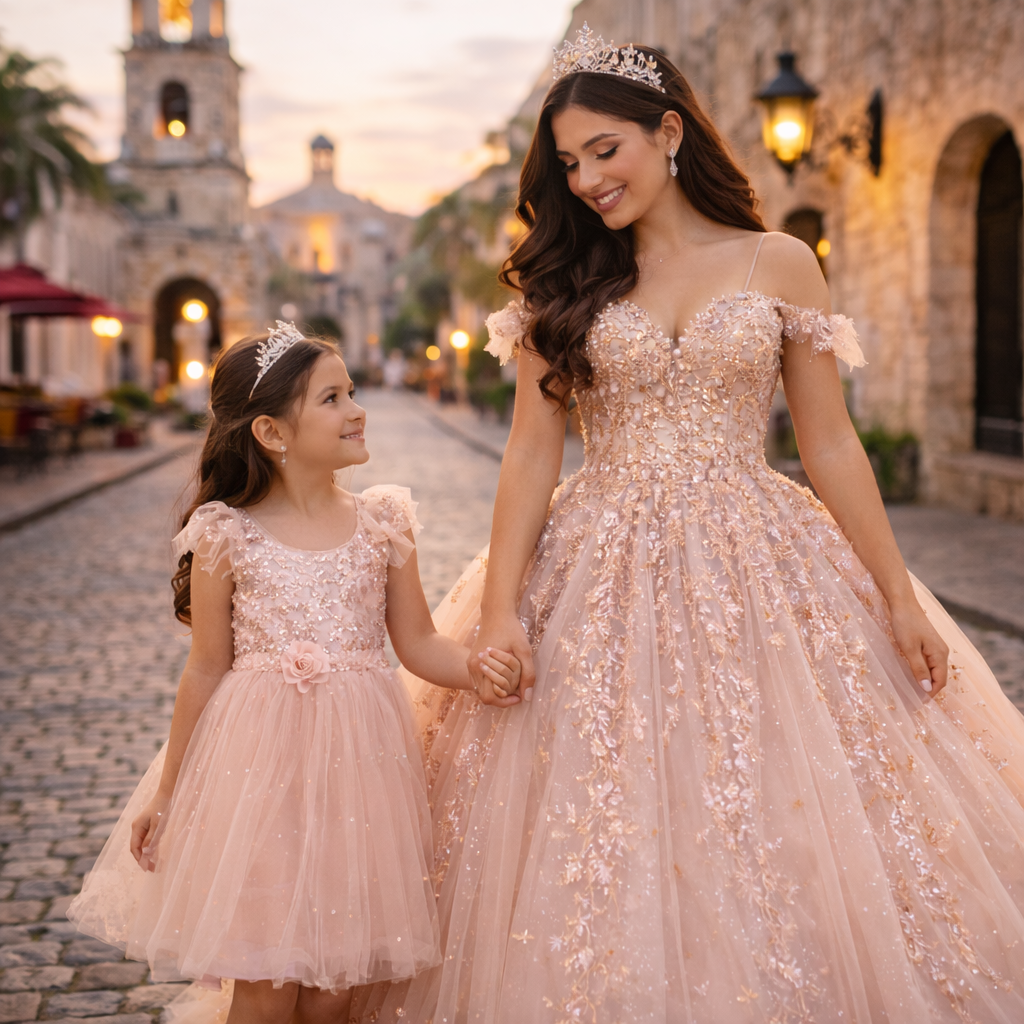 Una quinceañera posa junto a su hermanita en la Zona Colonial de Santo Domingo, luciendo un elegante vestido de gala color rosa, quince años