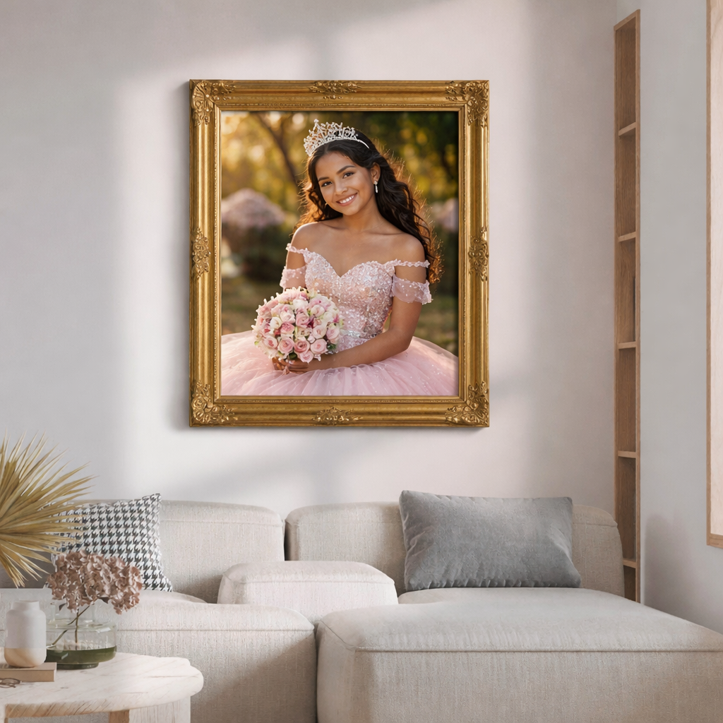 Un espacio interior elegante con un cuadro de quinceañera enmarcado en dorado sobre paredes blancas y mobiliario moderno en tonos grises.