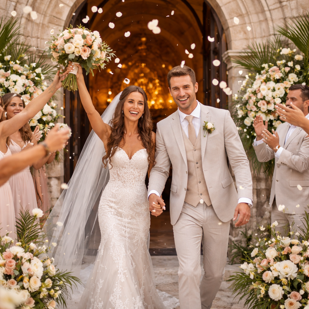 Recién casados celebran con confeti y decoración floral en una romántica ceremonia de boda al aire libre.