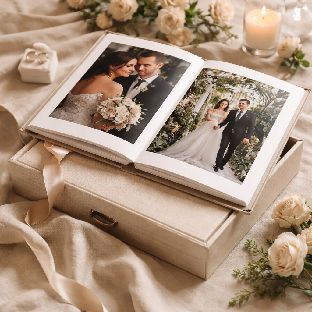 Un elegante álbum de fotos de boda con rosas blancas y velas encendidas, colocado sobre una superficie de color claro.