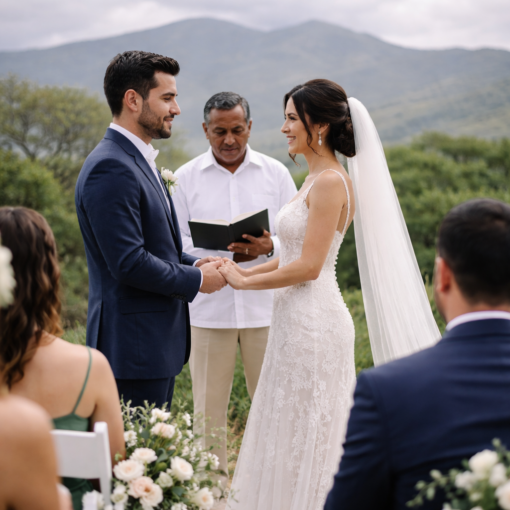 Una ceremonia de boda se lleva a cabo al aire libre, con montañas de fondo, mientras la pareja intercambia votos.