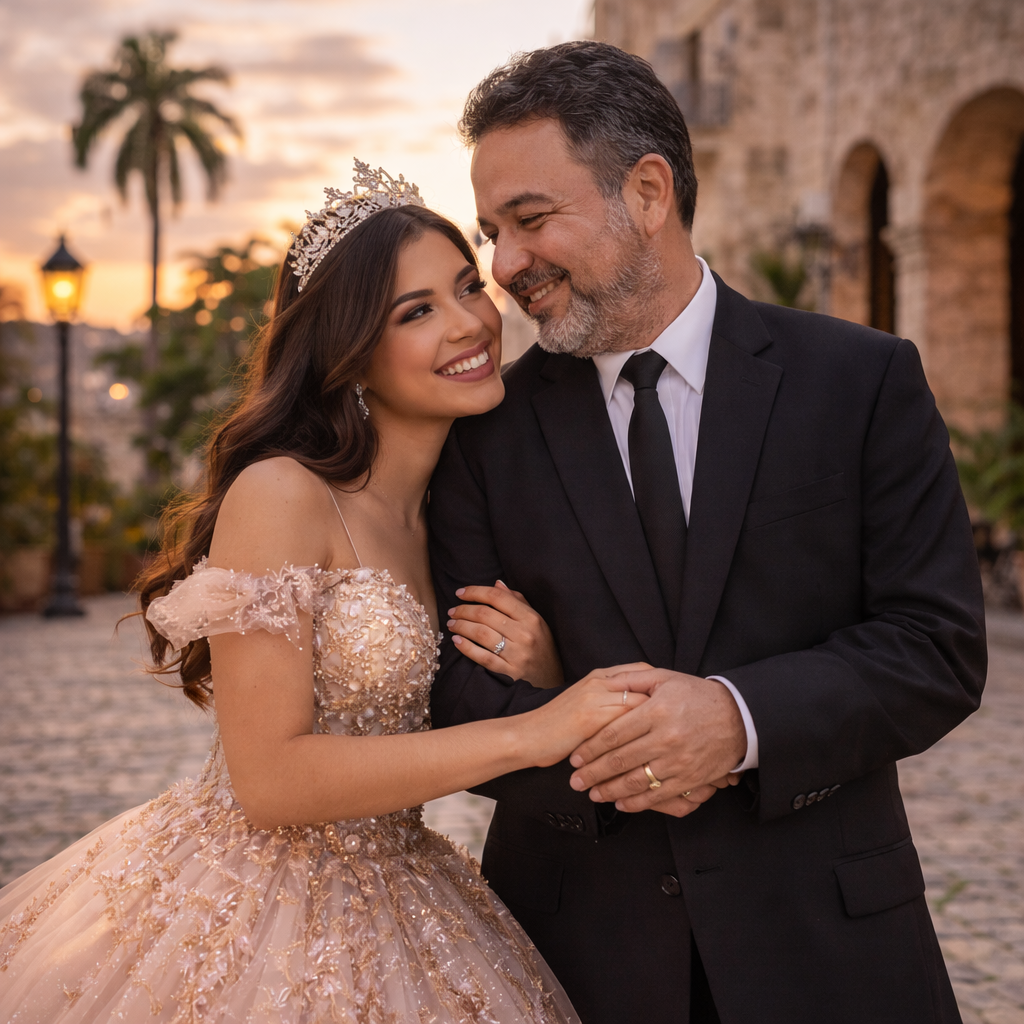 Una quinceañera posa junto a su padre en la Zona Colonial de Santo Domingo, luciendo un elegante vestido de gala, quince años.