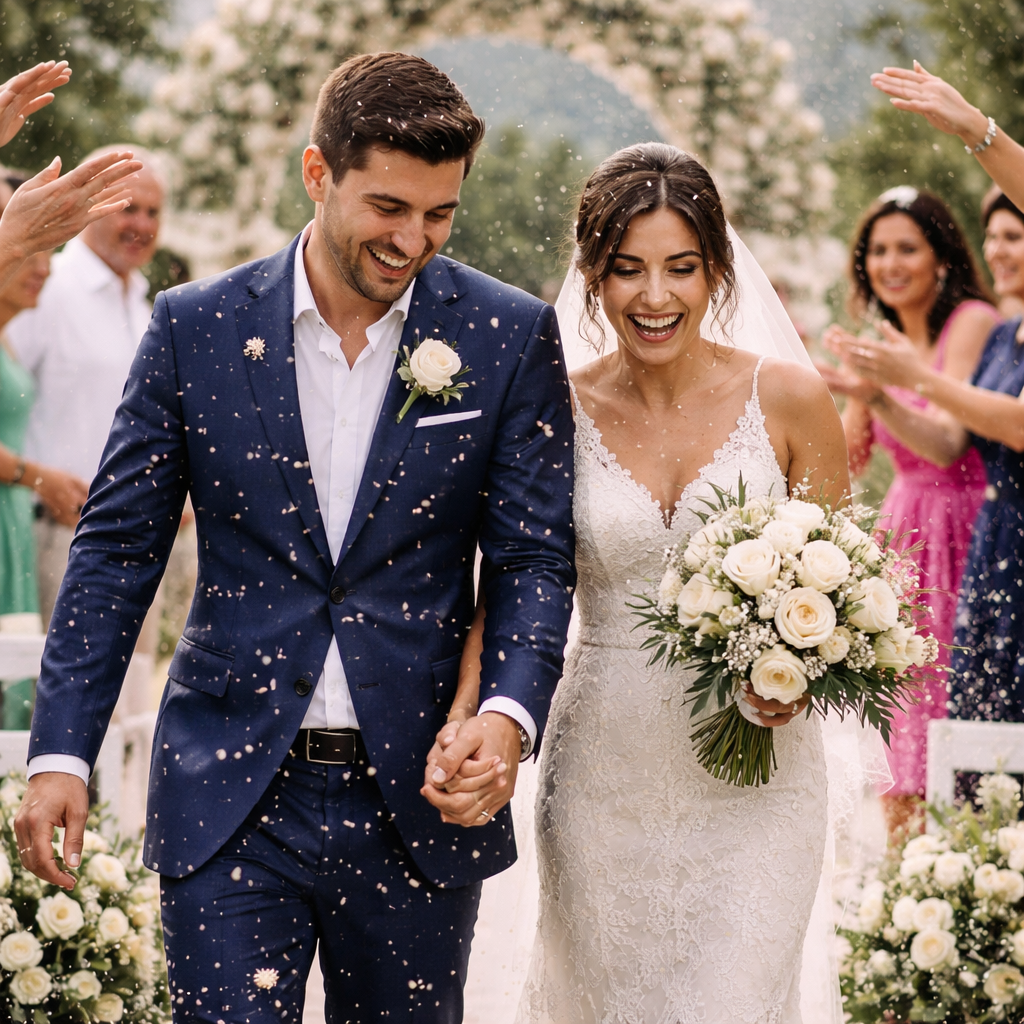 Recién casados celebran con alegría durante su ceremonia de boda al aire libre mientras los invitados les lanzan confeti blanco.