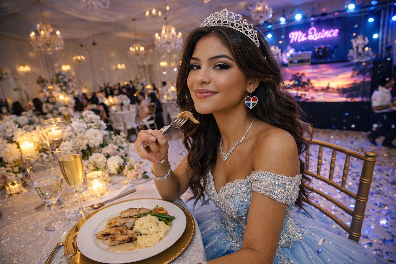 Una quinceañera disfruta de su cena durante su fiesta de quince años en un ambiente elegante y decorado.