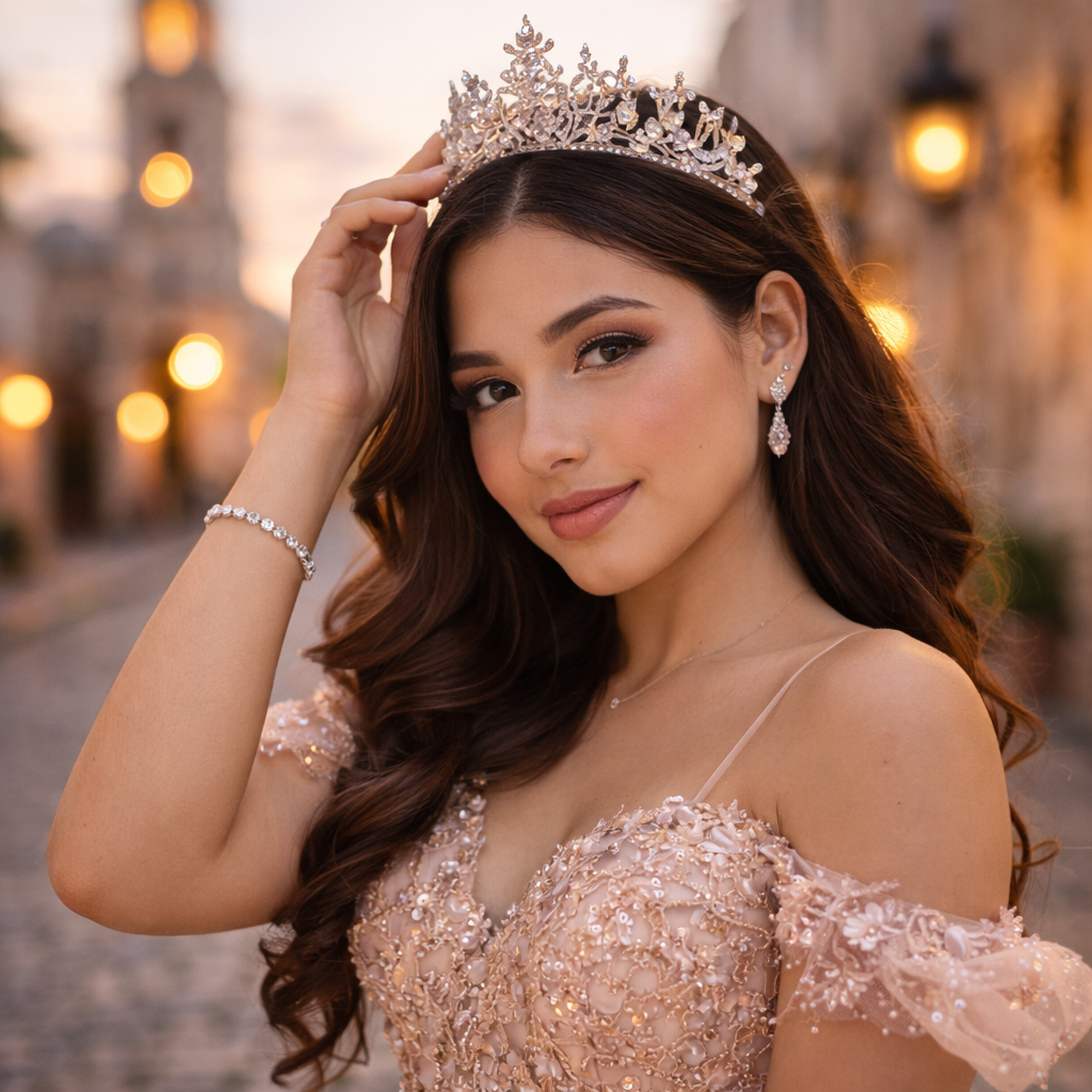 Una quinceañera posa sola en un retrato más cercano en la Zona Colonial de Santo Domingo, luciendo un elegante vestido, quince años.