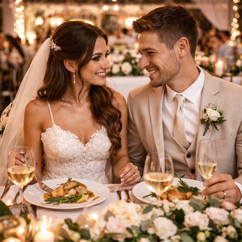 Escena romántica de cena en la recepción de boda con luces brillantes, elegantes mesas decoradas y deliciosos platos servidos.