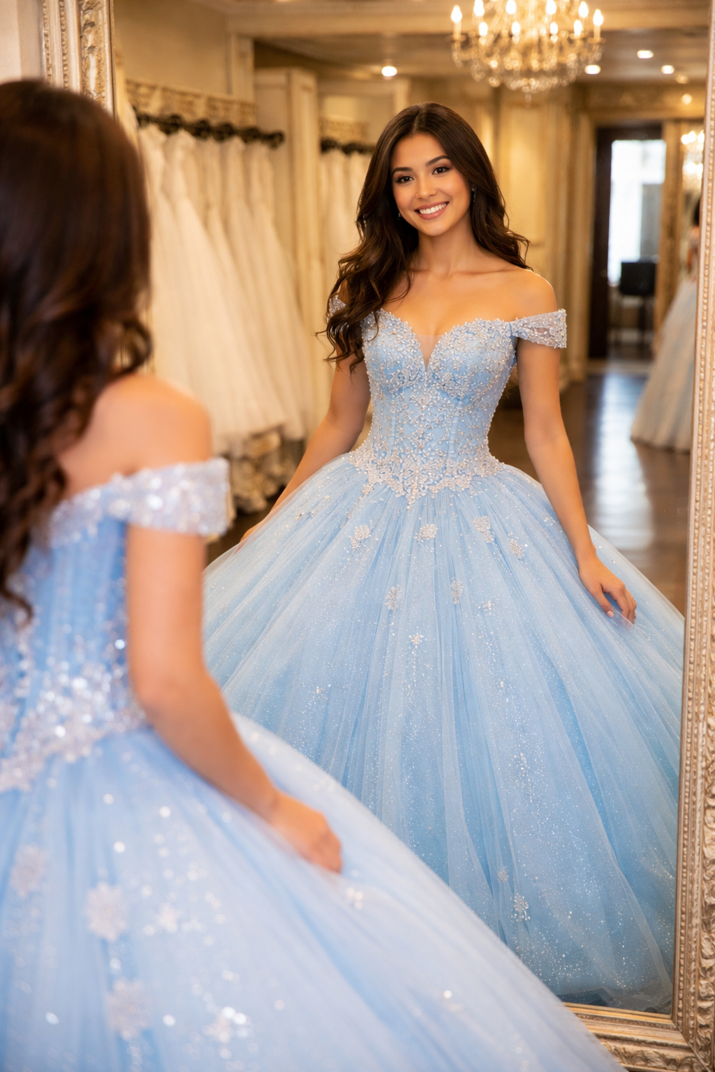Una quinceañera con un vestido de gala azul claro, de hombros descubiertos y detalles brillantes, se mira al espejo en la casa de la novia.