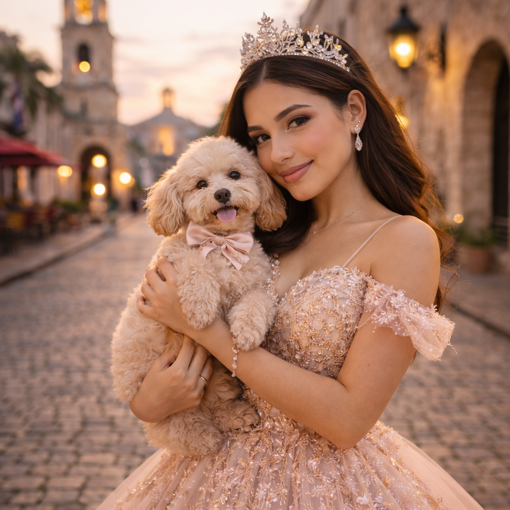 Una quinceañera pasea con su perro por la Zona Colonial de Santo Domingo y comparte un retrato abrazándolo, quince años.
