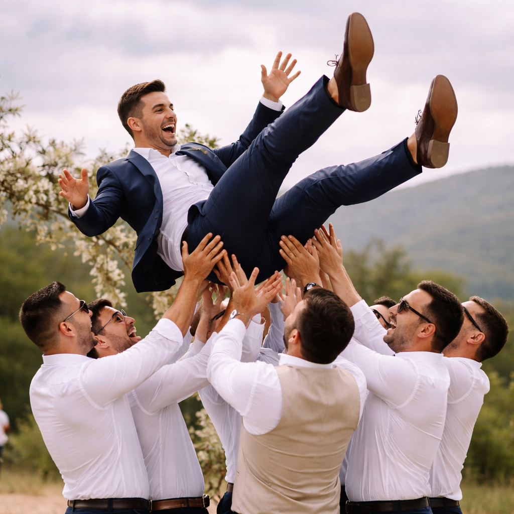 Los padrinos, vestidos con camisas blancas, lanzan y atrapan al novio en señal de celebración durante una sesión de fotos de boda al aire li