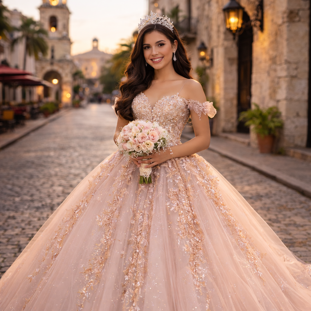 Una quinceañera posa sola en la Zona Colonial de Santo Domingo, luciendo un elegante vestido de gala color rosa blush, quince años.