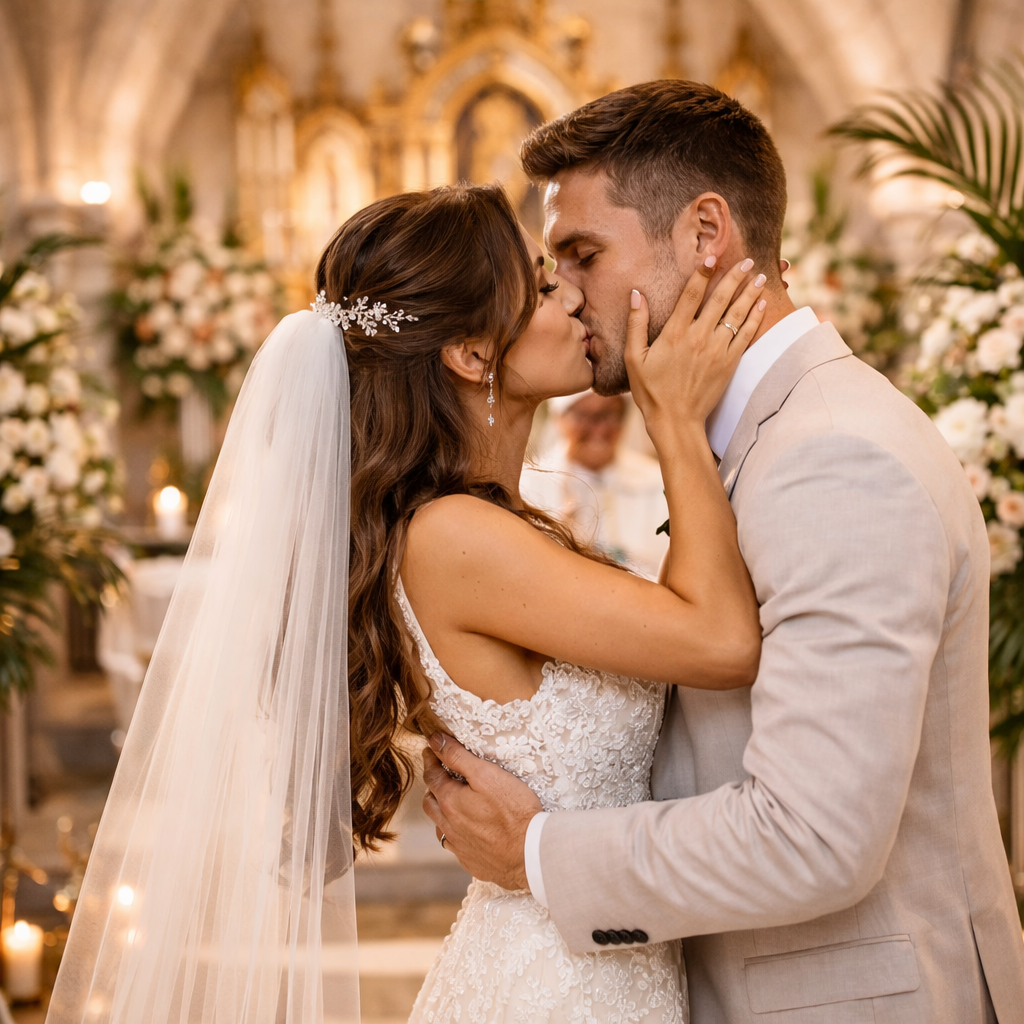Una secuencia romántica de beso de boda en un lugar bellamente decorado con iluminación suave y arreglos florales.