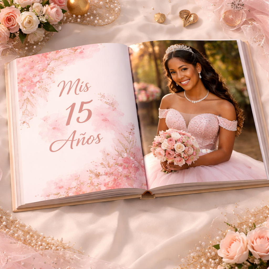 Un álbum de quinceañera con decoraciones florales rosadas, detalles del vestido y elementos elegantes de la celebración.