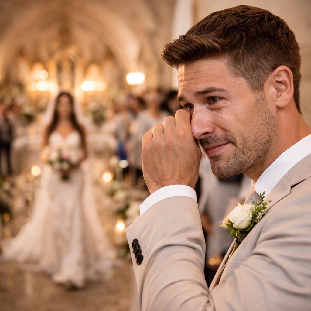 Momento emotivo de boda capturado mientras el novio se seca las lágrimas durante la ceremonia en un elegante lugar con iluminación cálida.