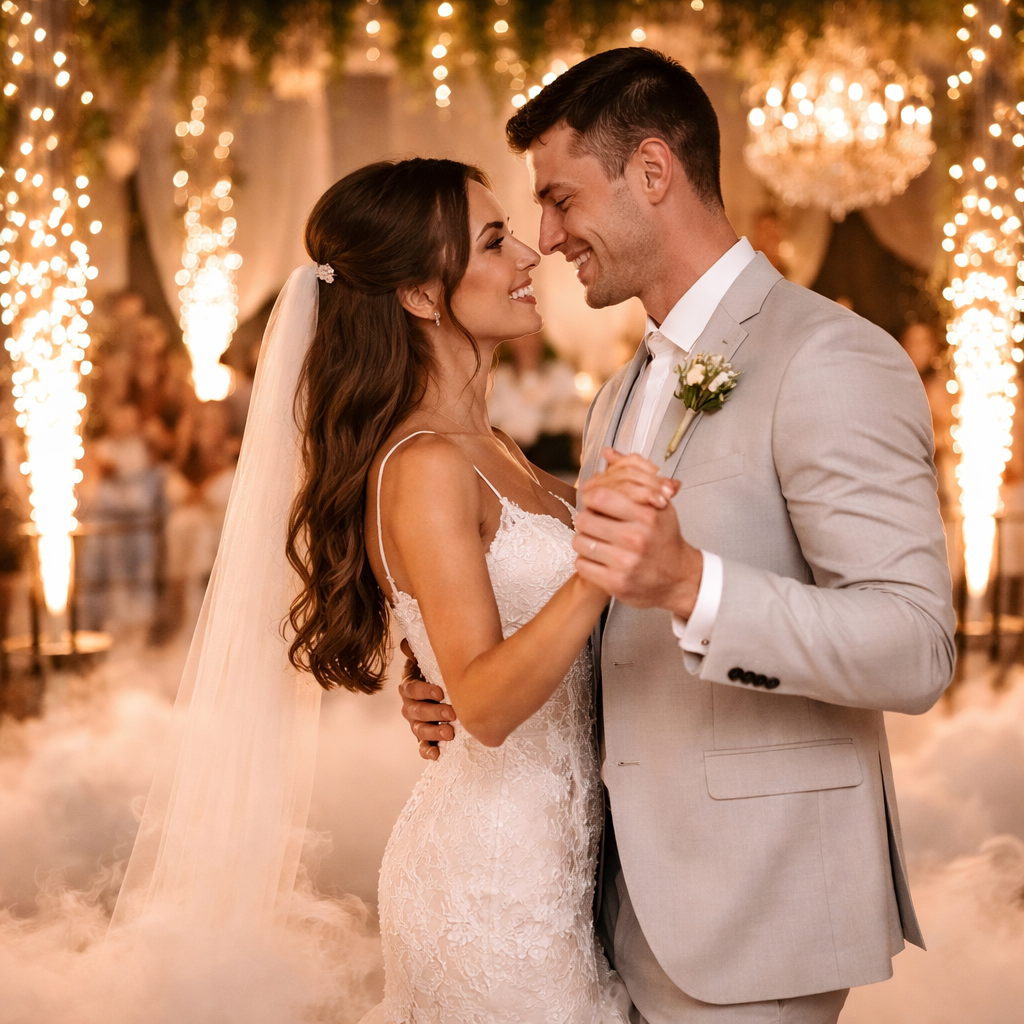 Una pareja romántica bailando junta bajo luces cálidas y brillantes, creando una atmósfera íntima en una celebración nocturna.