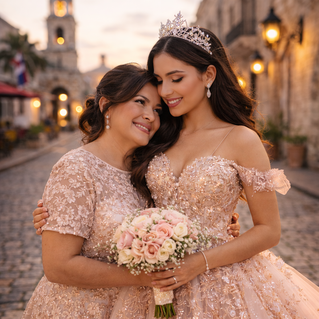 Una quinceañera posa junto a su madre en la Zona Colonial de Santo Domingo, luciendo un elegante vestido de gala, quince años.
