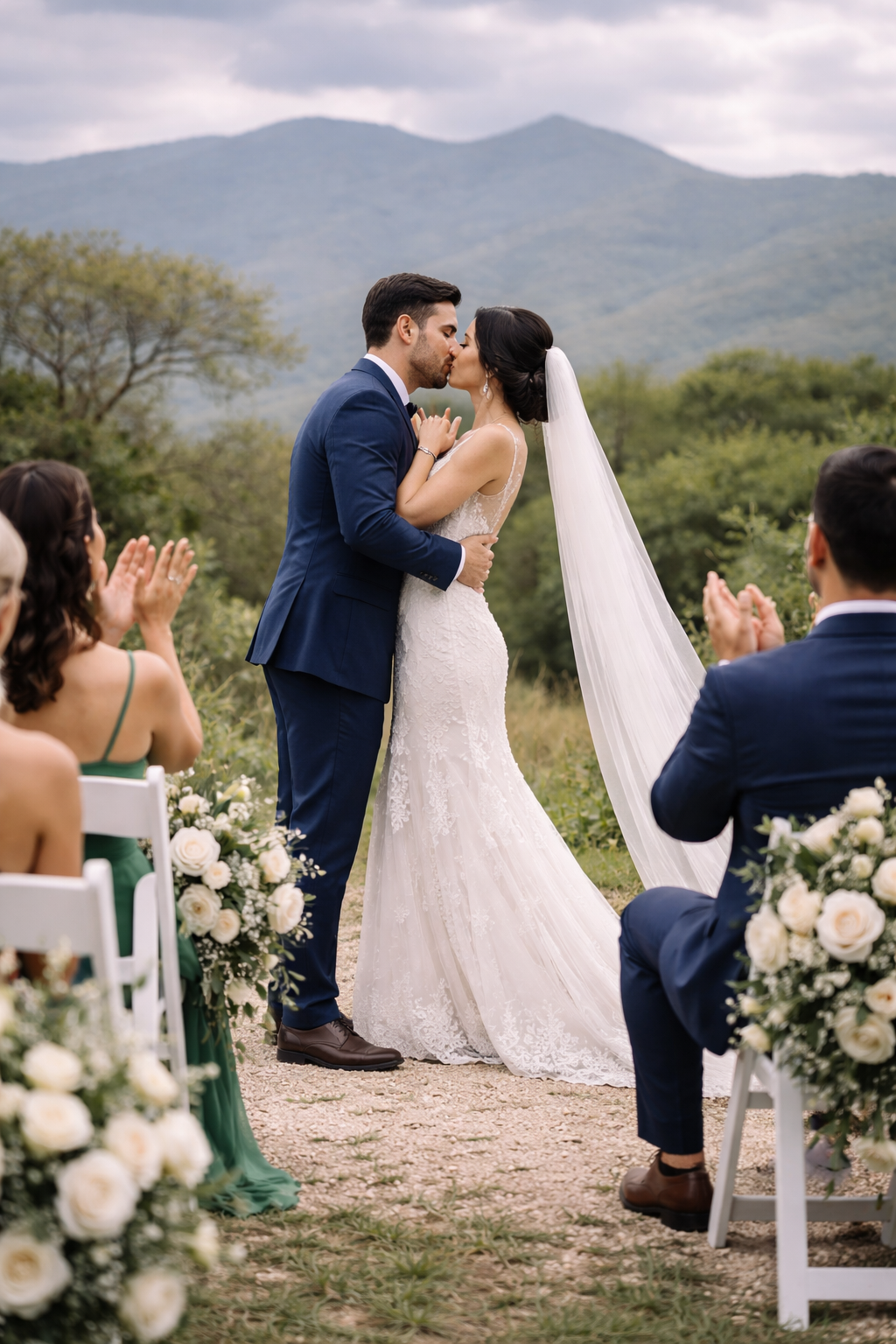 Una romántica ceremonia de boda al aire libre con vistas a la montaña, con arreglos florales blancos y sillas blancas.