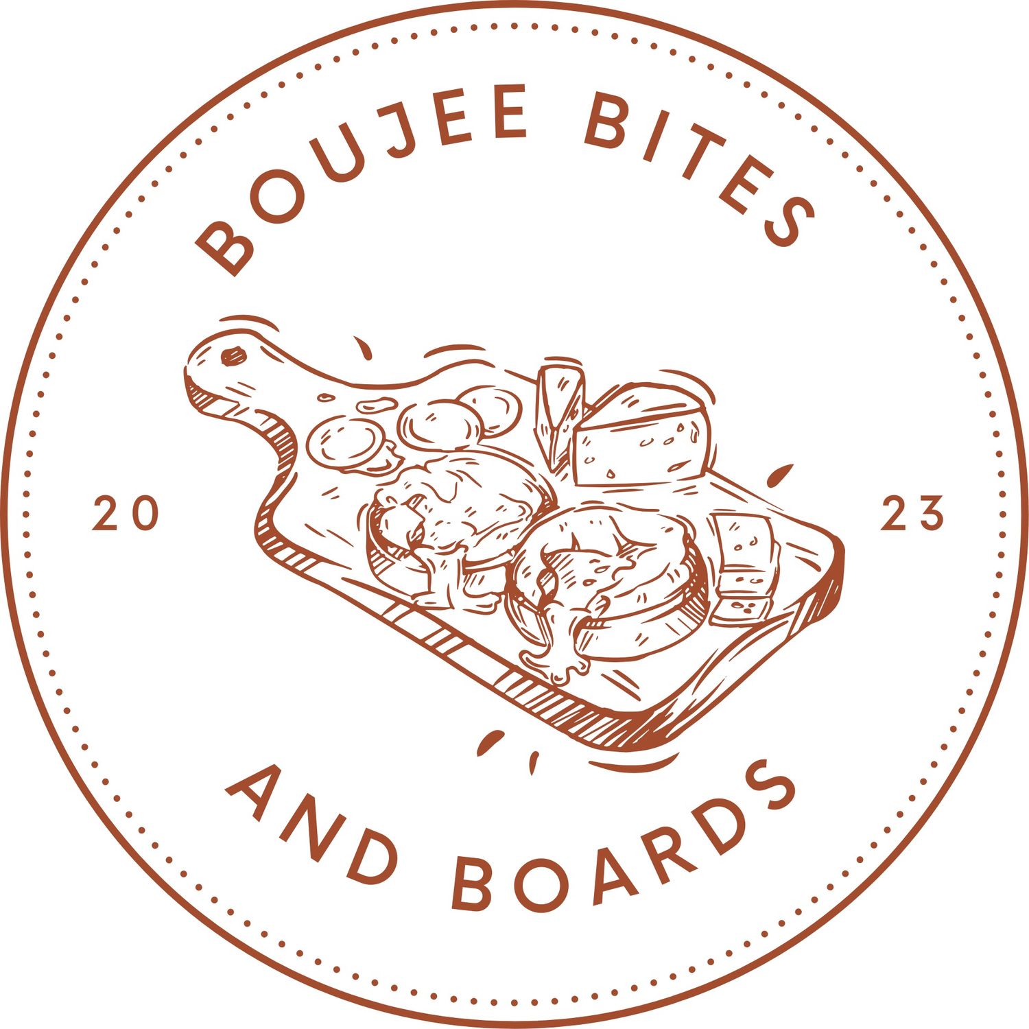 Circular logo for Boujee Bites and Boards featuring a rustic charcuterie board illustration, founded in 2023.