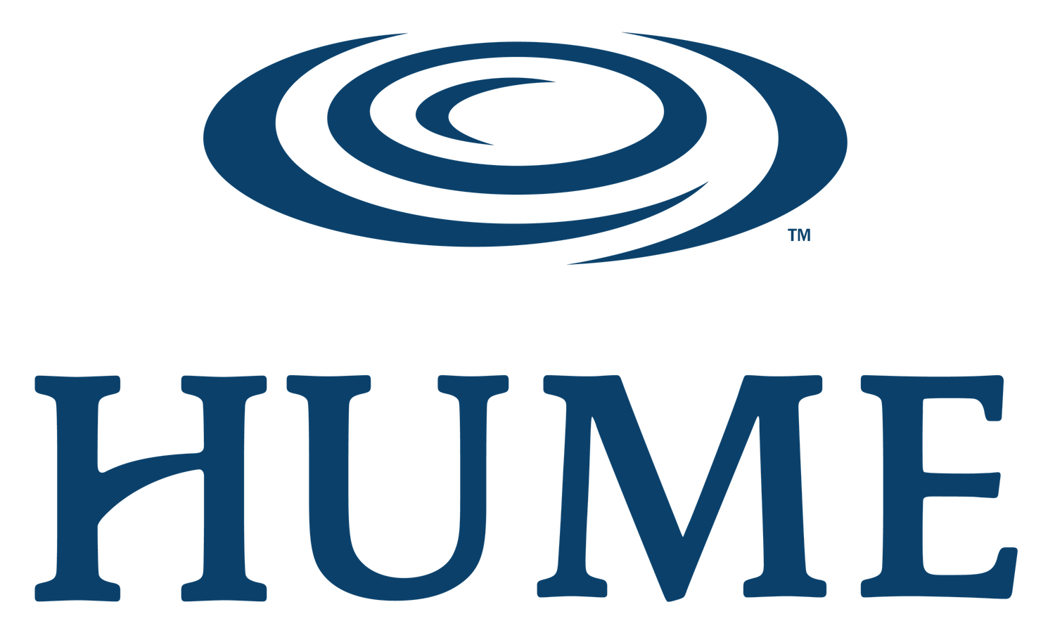 Hume logo featuring a dark blue spiral emblem above bold navy blue text reading HUME.