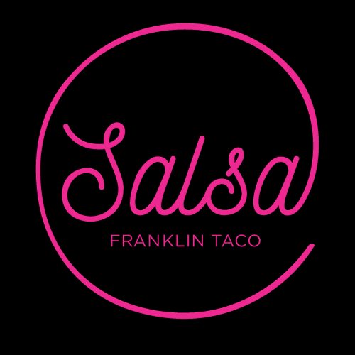 Pink neon logo for Salsa Franklin Taco restaurant on black background with circular border.