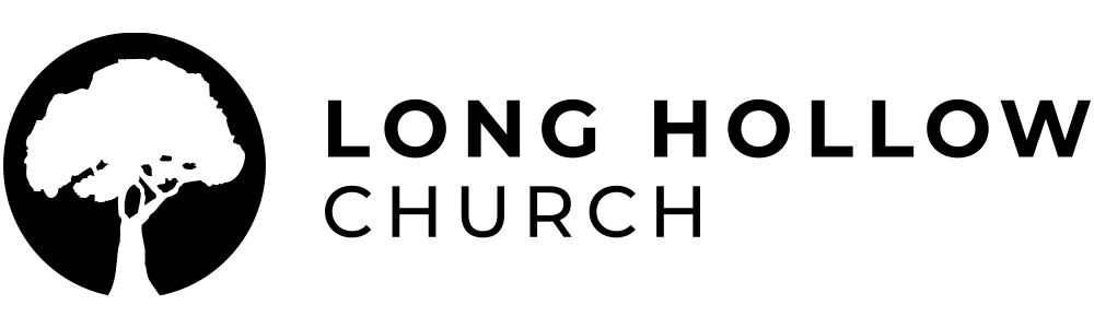 Long Hollow Church logo featuring a black circle with a white tree silhouette and bold sans-serif text.