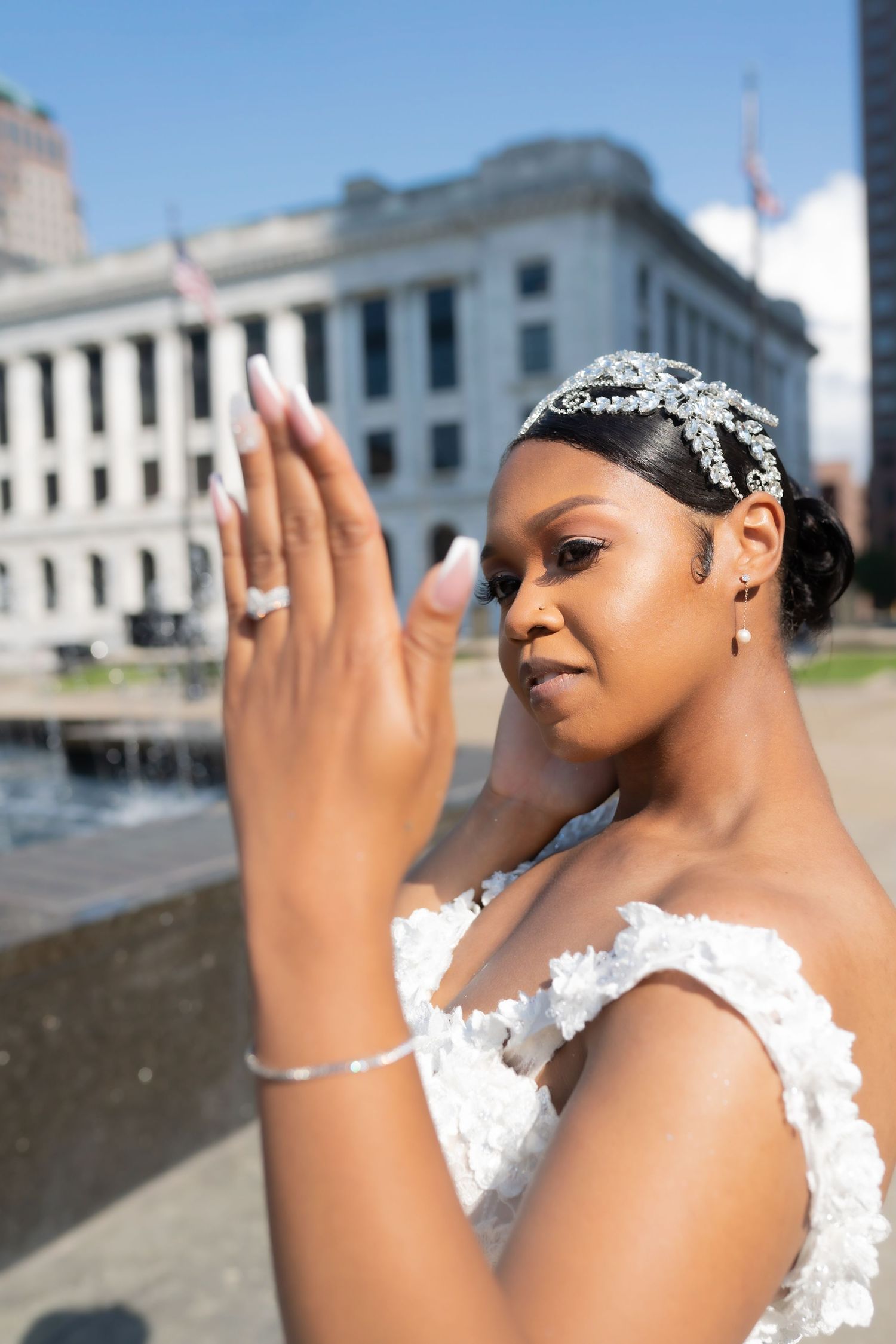 Close-up bridal portraits showing wedding jewelry and details.