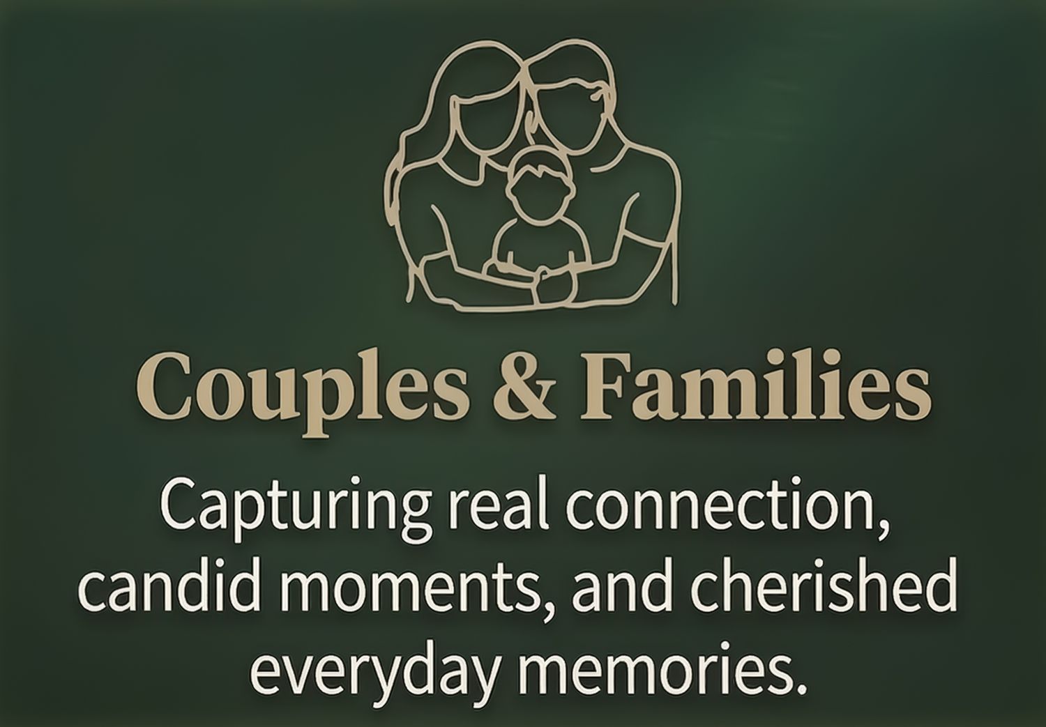 Green banner with white text promoting family and couples photography services and capturing candid moments.