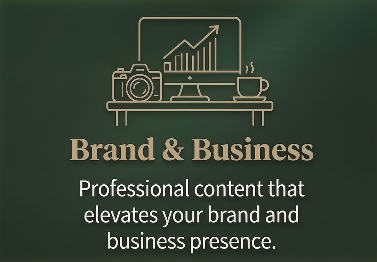 Professional branding and business services banner with gold text and icons on dark green background.