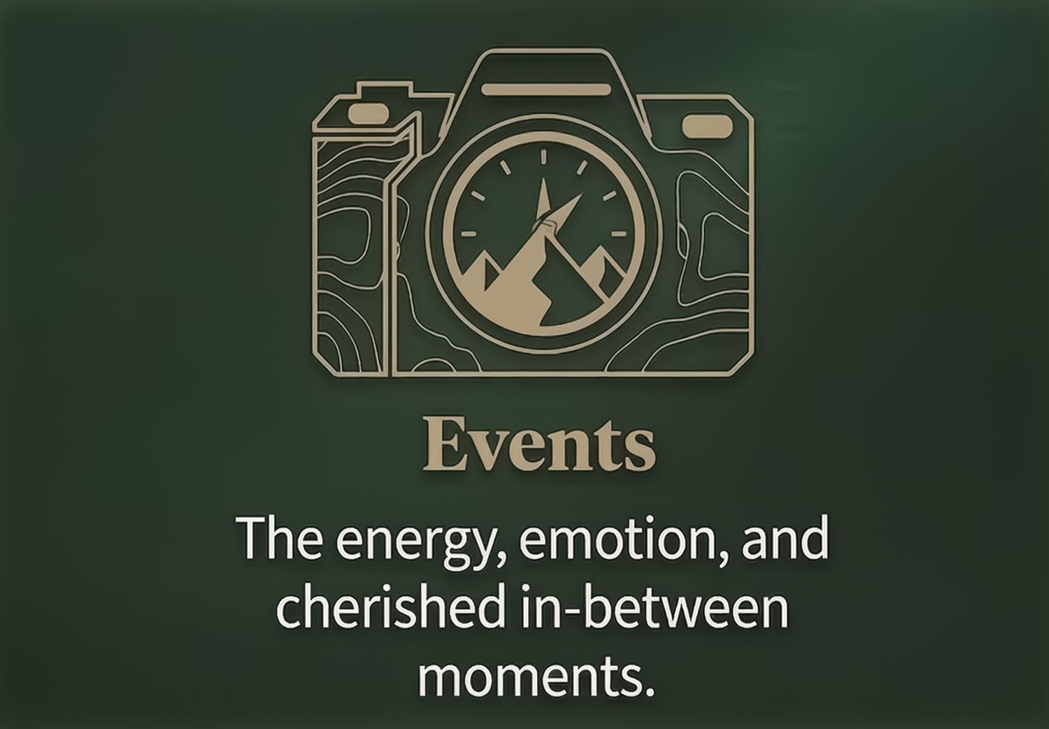 A collection of light gold icons showing camera, events, and time-related symbols on a dark green background.