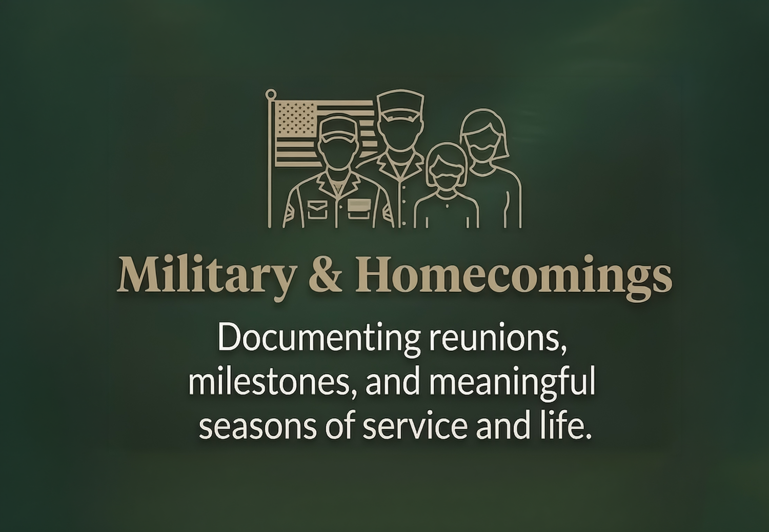 Military service memories and milestones displayed on a dark green background with text about documenting reunions.