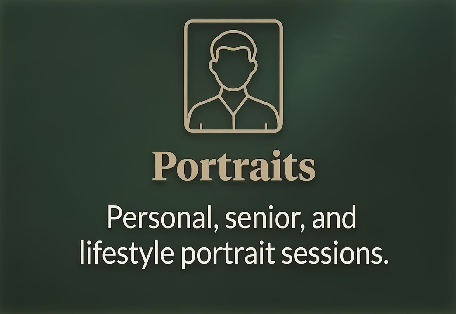 Dark green banner with white text advertising portrait photography services against a blurred background.