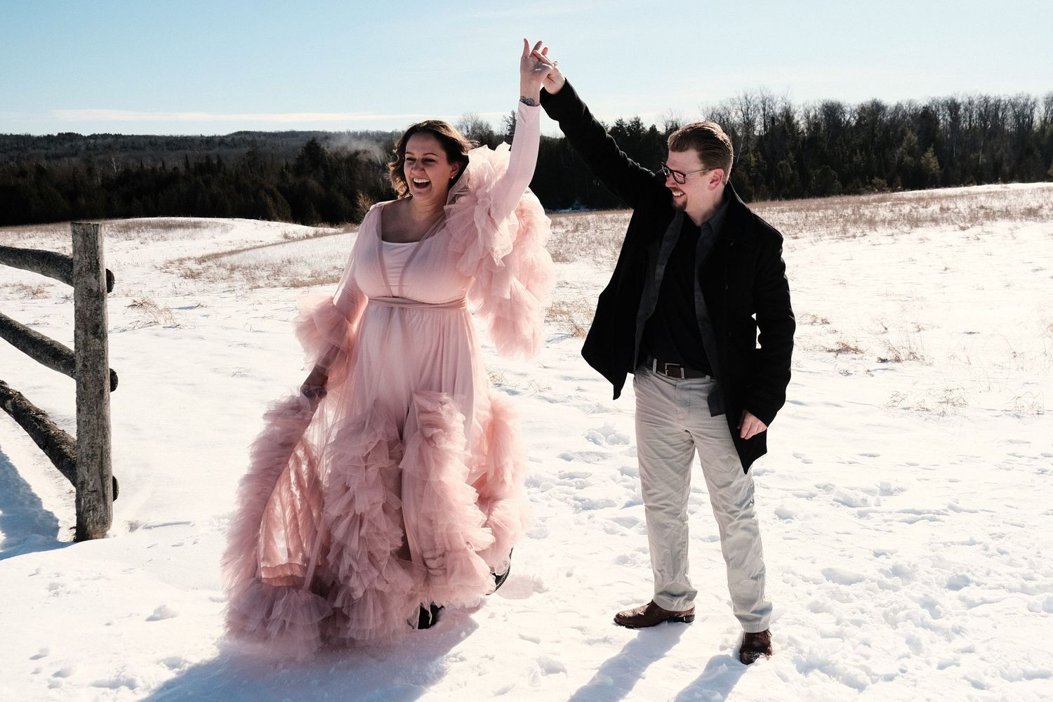 Fun outdoor winter pose at Hollowbrook Highlands, Pontypool, Ontario.