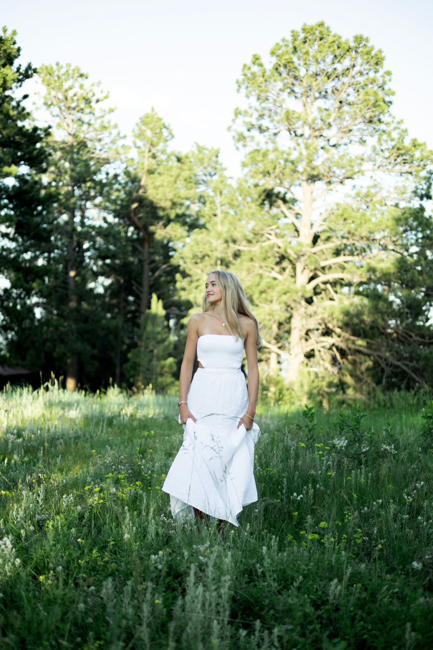 A person in a flowing white dress stands in a sunlit meadow surrounded by tall trees and wildflowers.