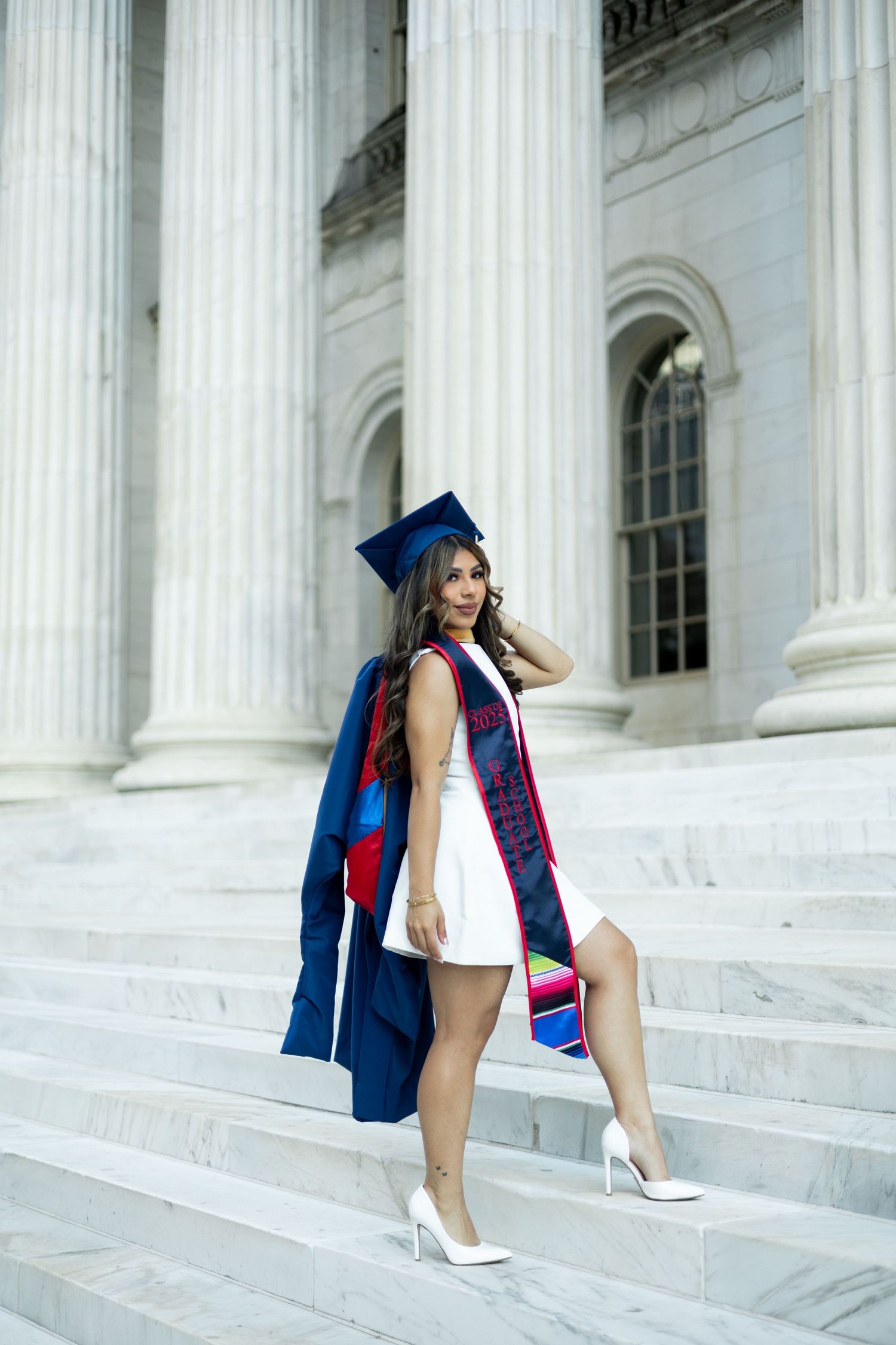 Graduation photo series with person in cap and gown striking different poses against neoclassical building steps.
